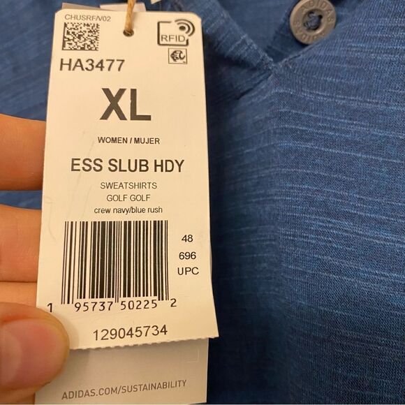 Adidas Woman’s Essentials Slub 1/4 Button blue lightweight Hoodie -XL NWT - Picture 8 of 11